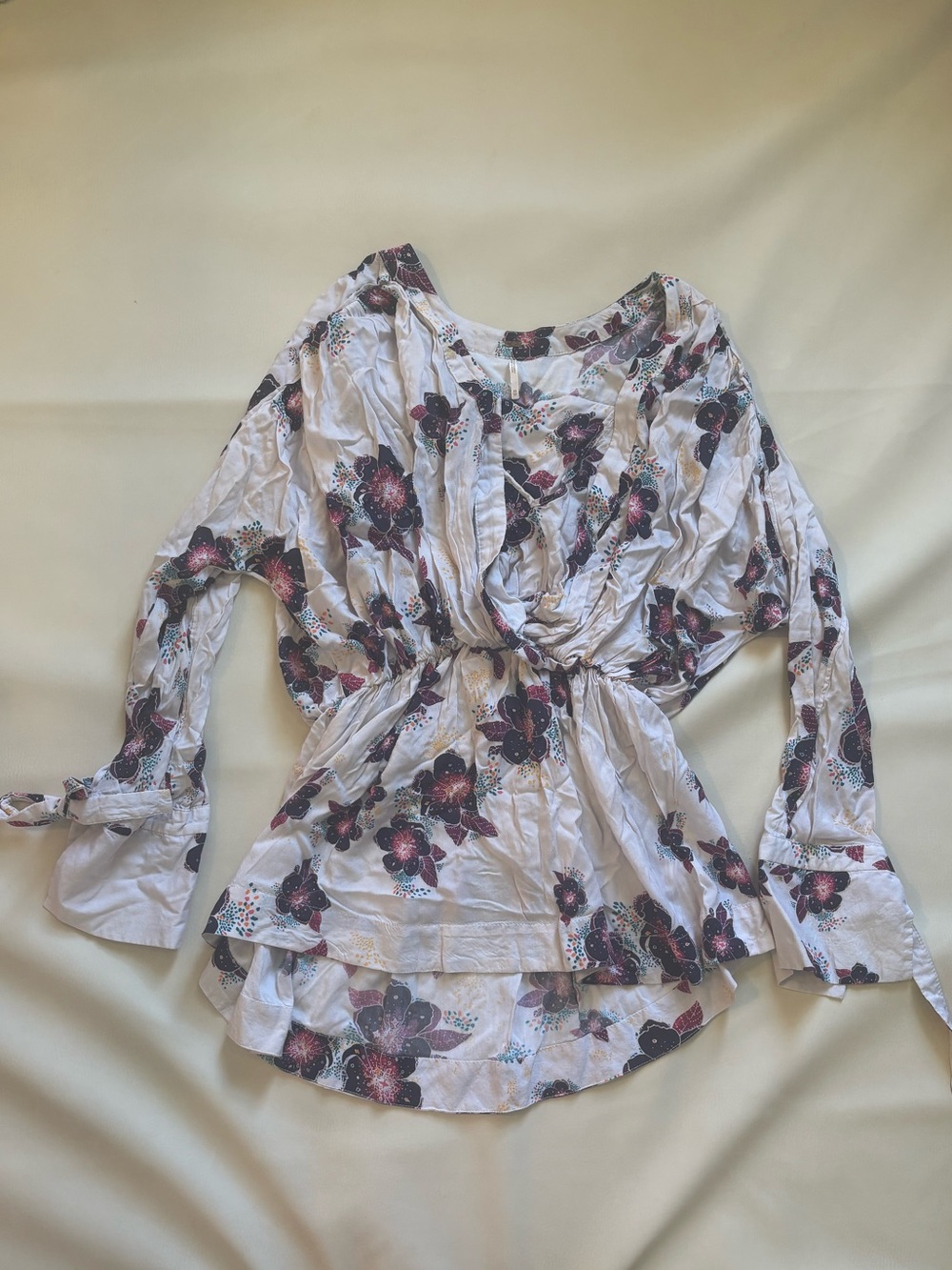 Free People White Floral Boho Blouse Bell Sleeves